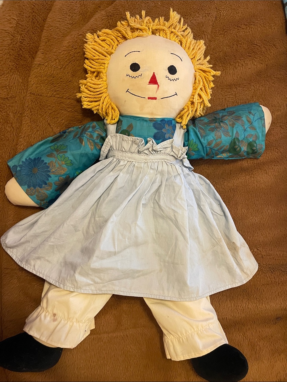 Handmade Rag Doll in Yellow Hair with Teal Dress vintage raggedy Ann  doll 24”
